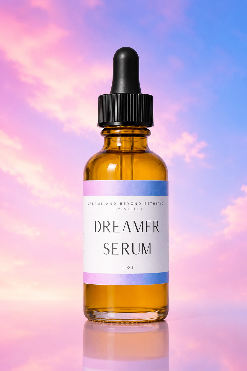Dreamer Serum bottle against a pink and blue sunset sky